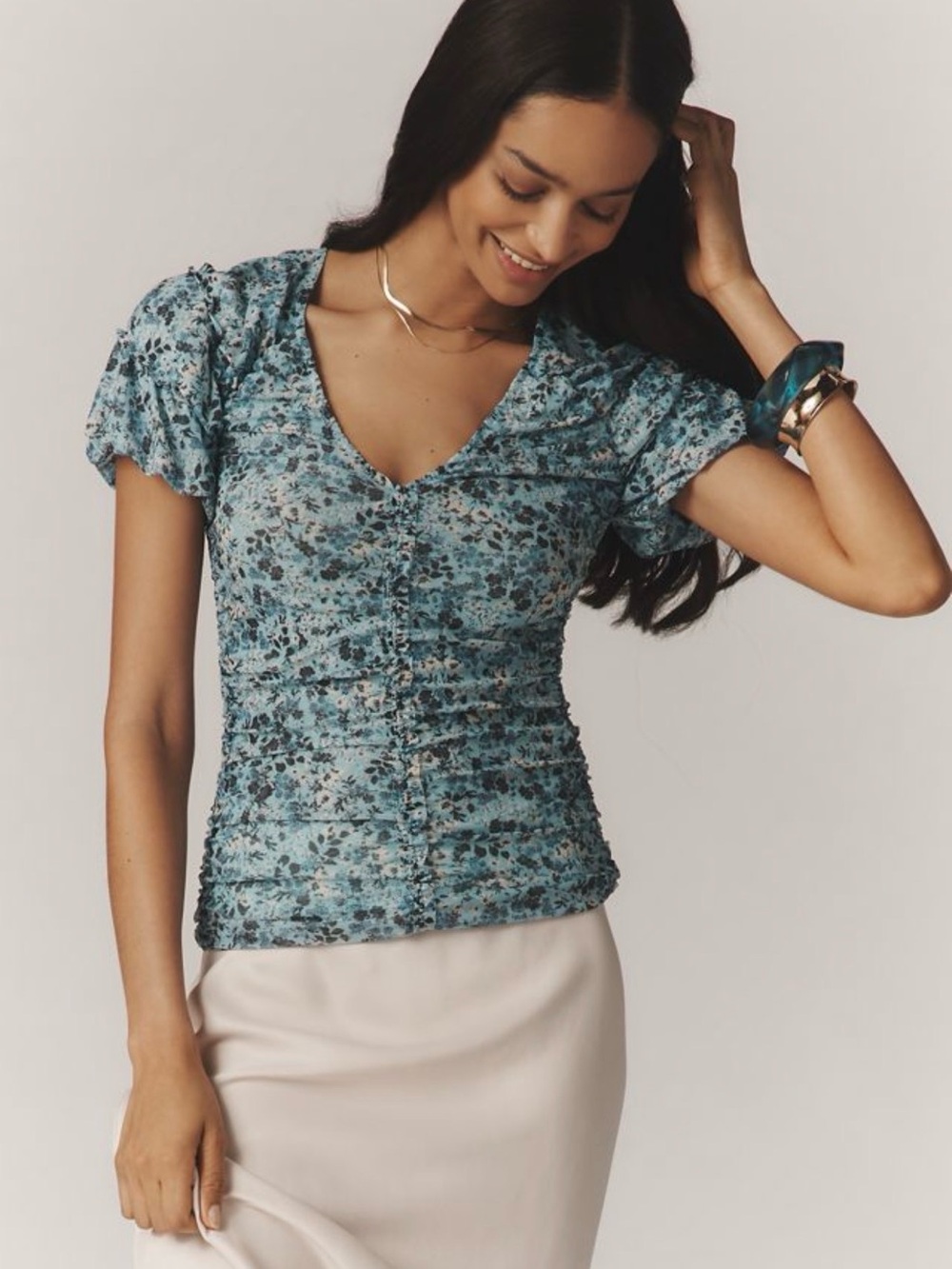 Anthropologie Teal Blue Floral Ruched V-Neck Short Sleeve Top